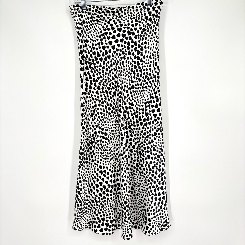 Rachel Zoe Heart Print Satin Maxi Skirt Fits Sz M Black White Cute Novelty Fun‎